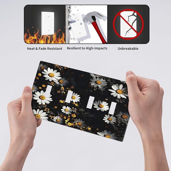 White Black Daisy Wildflower Modern Chrysanthemum Light Switch Covers Quad Toggle Electrical Faceplate 4 Gang Wall Plate Decorative Switch Plates Cover for Bedroom Farmhouse Decor