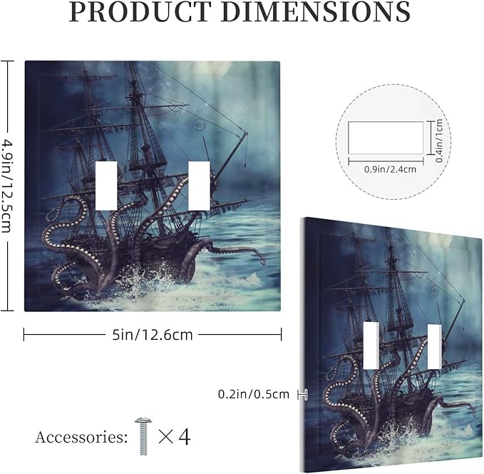 Octopus Ocean Kraken Nautical Pirate Ship Double Toggle Light Switch Covers Decorative Unique 2 Gang Wall Plate Dual Electrical Faceplate Switchplate for Kitchen Bathroom Living Room Decor