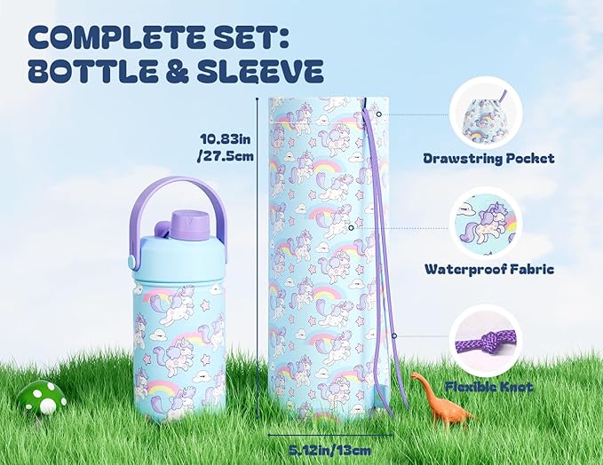 12 oz Kids Stainless Steel Water Bottle: 2-in-1 Straw Spout Lid, Leakproof, BPA-Free, Easy Clean, Keep Cold 24H, Insulated Cup with Carrier Bag for School, Travel, Playtime, Gift (Dreamy Unicorn)