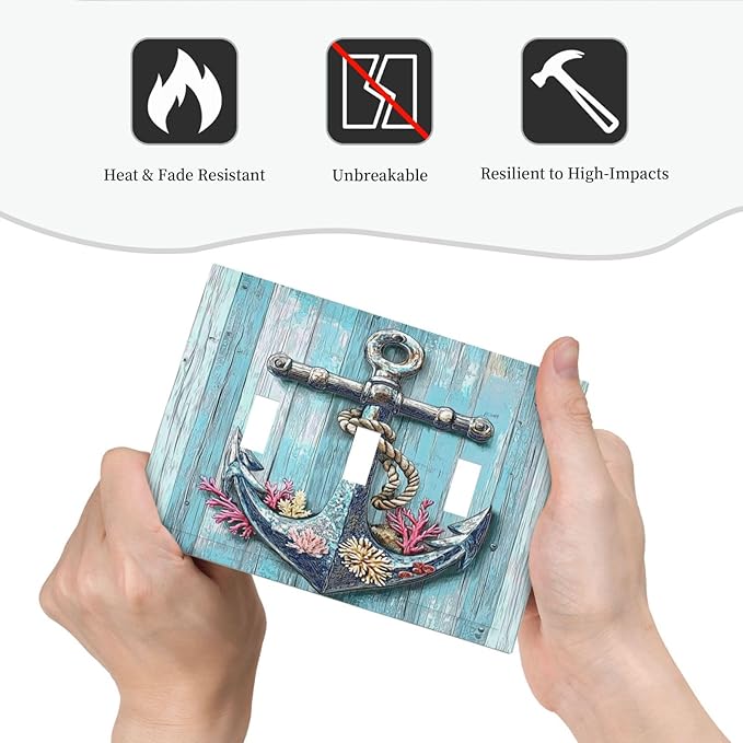 Decorative Switch Plates Anchor Coastal Beach Nautical Coral 3 Gang Wall Plate Triple Toggle Light Switch Cover Faceplate Electrical Wall Panels For Farmhouse Cabin Decor