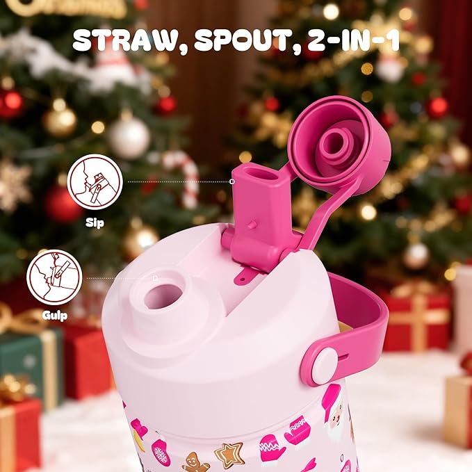 12 oz Christmas Kids Insulated Water Bottle: 2-in-1 Straw Spout Lid, Leakproof, BPA-Free, Stainless Steel Cup with Carrier Bag for School, Trip, Holiday Gift for Girls Daughters (Santa's Sweet Squad)