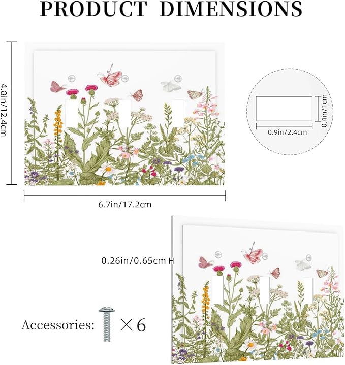 Colorful Butterfly Floral Plants Flower Vine Decorative Switch Plates 3 Gang Wall Plate Triple Toggle Light Switch Cover Faceplate Electrical Wall Panels for Bed Room Living Room Decor