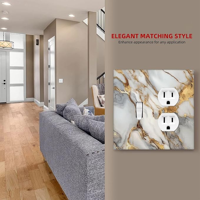 Light Switch Cover Plate White Gold Abstract Luxury Marble Patterns 2 Gang Outlet Covers 1 Toggle 1 Duplex Socket Cover Wallplates Electrical Switch Plate Covers for Bathroom Home Decor