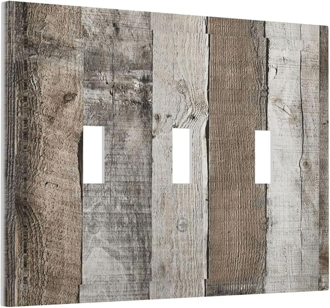 Natural Grey Wood Vintage Faux Wood Grain Decorative Switch Plates 3 Gang Wall Plate Triple Toggle Light Switch Cover Faceplate Electrical Wall Panels for Farmhouse Home Decor