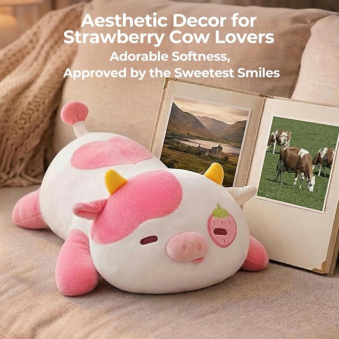 Mewaii Cute Strawberry Cow Plush Pillow, Kawaii Plushies Strawberry Cow Stuffed Animals, Squishy Plushies, Cuddle Plush Pillow for Kids & Girls (13 Inch)