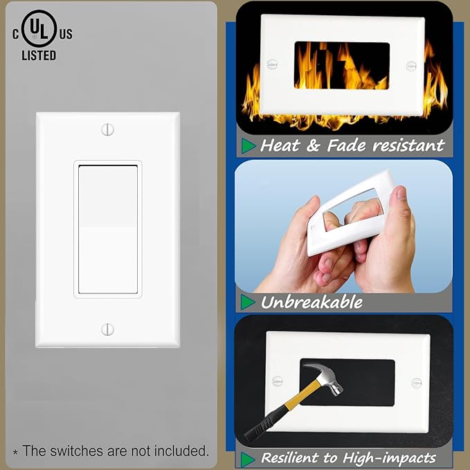 Light Switch GFCI Device Wallplate, Rocker Wall Plate Cover,Light Switch cover,Standard Size 1-Gang 4.50" x 2.76",Smooth Face,Unbreakable Polycarbonate Thermoplastic,UL Listed,2-Pack