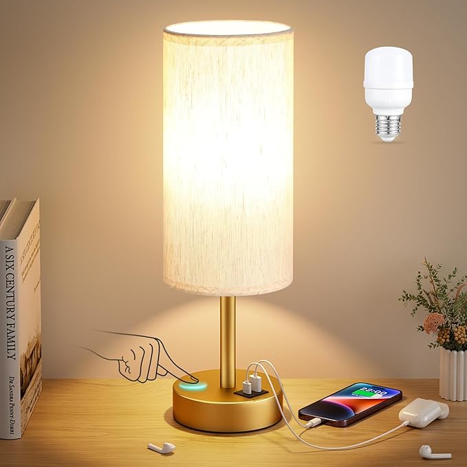 Dicoool Small Touch Bedside Lamp with USB - 3 Way Dimmable Gold Table Lamp for Bedroom, Nightstand Lamp with Gold Charging Station for Desk Dorm, Office