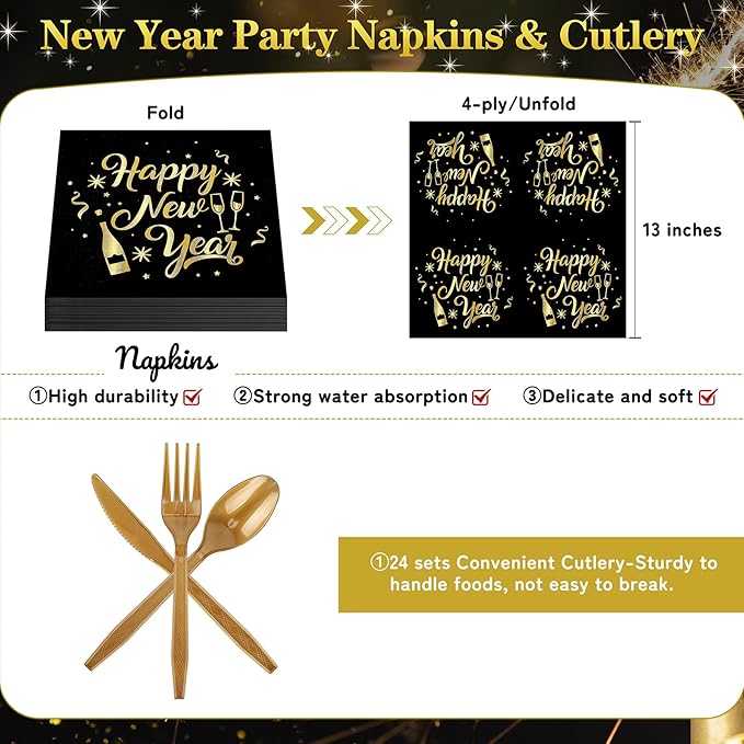 168pcs Happy New Year Party Supplies, Black and Gold Paper Plates Napkins Cups and Gold Cutlery for 24 Guests, 2026 New Year Disposable Tableware Supplies for Party Decorations