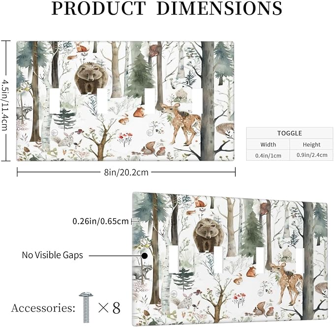 Snow Bear Fox Deer Forest Squirrel Wild Life Animal Light Switch Covers Quad Toggle Electrical Faceplate 4 Gang Wall Plate Decorative Switch Plates for Farmhouse Kids Room Decor
