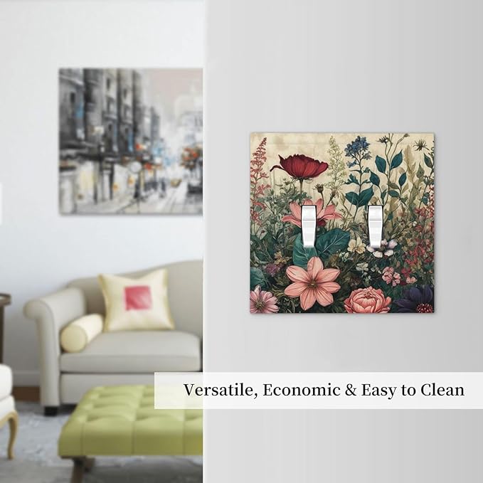 Decorative Light Switch Cover Rustic Wildflower Red Floral Green Plant 2 Gang Wall Plate Oversized Double Toggle Two Switch Dual Device Face Plate