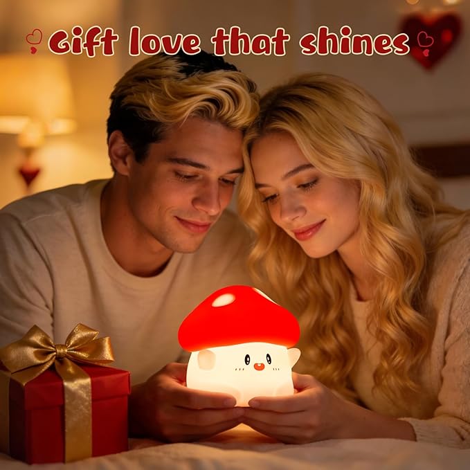 Rytinazzz Hug Mushroom Night Light, 50-Hour Battery & Pat Control, Squishy Lamp for Kids Bedroom, Girls, USB Rechargeable with Timer, Mothers Day Gifts