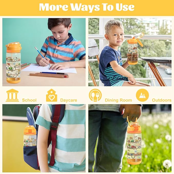 decalsweet Kids Water Bottle 20oz Durable Leak-Proof Plastic Water Cup for Kids Toddlers,With Straw Handle and Pop-Up Spout Cover,Safe for School Sports Daycare Travel & Camp
