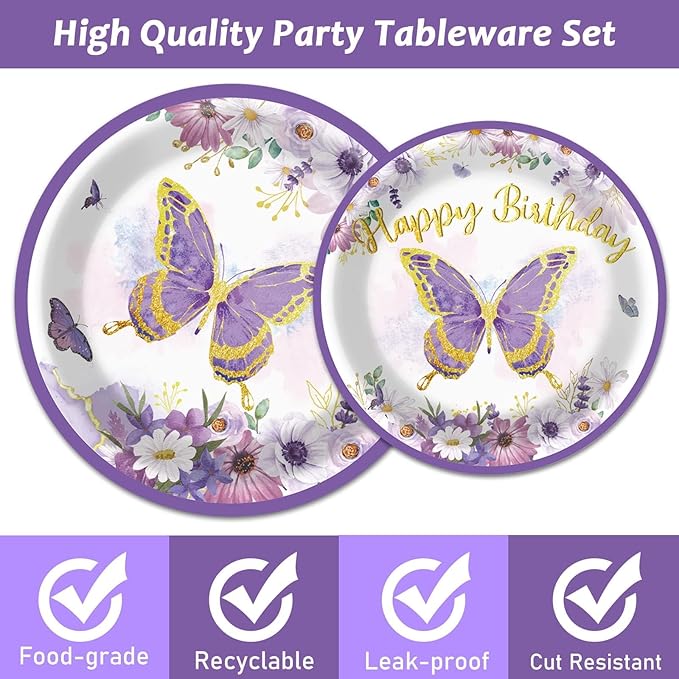 ZOIIWA 96 PCS Purple Butterfly Birthday Party Tableware Set - Butterfly Themed Party Decorations, Plates, Napkins, Forks for Girls, Women, Baby Shower Favors