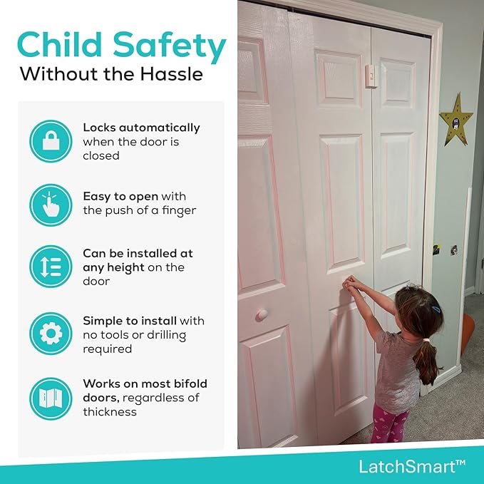 Bifold Door Lock (2 Pack), Child Safety Lock for Your Closet & Pantry, Automatically Locks to Keep Toddlers, Dogs, & Cats Out, Tool-Free Install