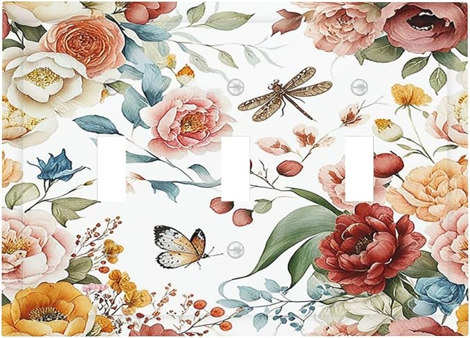 Rustic Style Colorful Peony Butterfly Dragonfly Decorative Switch Plates 3 Gang Wall Plate Faceplate Electrical Wall Panels Triple Toggle Light Switch Cover for Bedroom Living Room Decor
