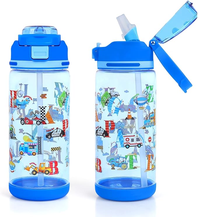 decalsweet Kids Water Bottle 20oz Durable Leak-Proof Plastic Water Cup for Kids Toddlers,With Straw Handle and Pop-Up Spout Cover,Safe for School Sports Daycare Travel & Camp