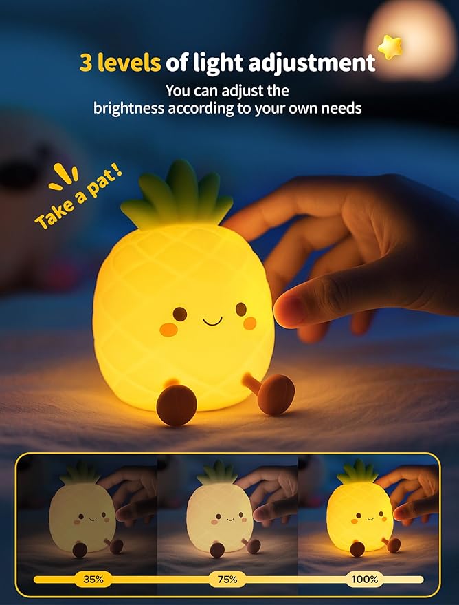Pineapple Night Light for Kids, Nursery Night Light, Bedside Touch Lamp, Cute Silicone Nightlight for Baby Toddler, 3 Level Dimmable, Christmas Gift for Baby,Adults,Toddler Girl Room Decor