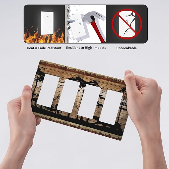 Hunting Forest Deer Bear 4 Gang Quad Rocker/GFCI/Decorator Light Switch Cover Plate Decorative Electric Faceplate Decorative Switchplate Screwless