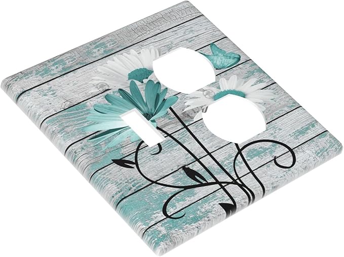 Teal White Daisy Flower Butterfly On Rustic Wood Board Wallplates 1 Toggle 1 Duplex Switch Plate Electrical GFCI Faceplate Decorative Light Switch Covers for Farmhouse Bedroom Decor