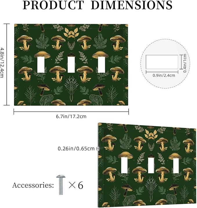 Decorative Light Switch Cover Plate Cute Gold Mushtroom Green Plant Leaf 3 Gang Wall Plates for Electrical Outlets Triple Toggle Switch Plate Covers Outlet Covers Faceplate for Home Decor