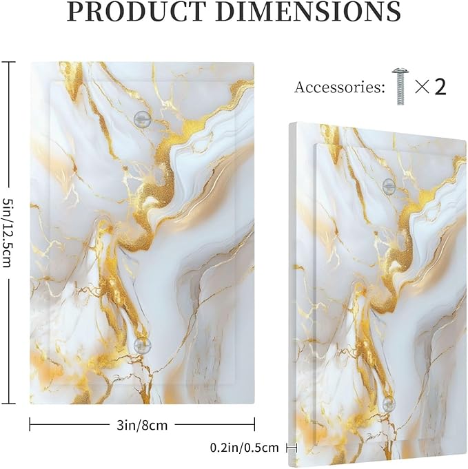 Decorative Blank Wall Plate Abstract Gold Marble Design with White & Gold Single Gang No Device Outlet Covers 1 Gang Light Switch Covers for Modern Luxurious Decor