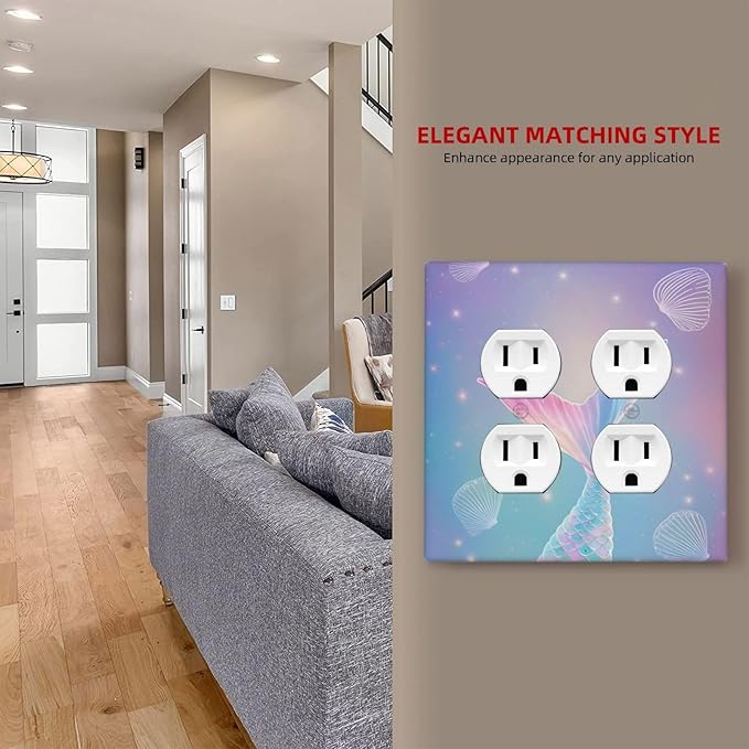 Cute Mermaid Pink Tail Scales Shells Colorful Ocean Outlet Covers 2 Gang Double Duplex Decorative Light Switch Covers Electrical Wallplates Socket Faceplate for Kids Room Nursery Decor