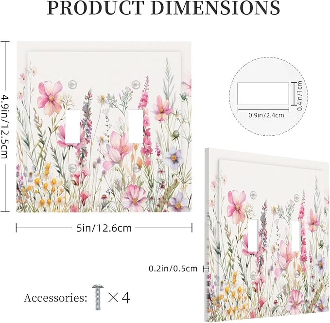 Pink Floral Wild Flowers Watercolor Plants Decorative Switch Plates 2 Gang Double Toggle Outlet Light Switch Cover Wall Plate Electrical Faceplate for Bedroom Living Room Decor