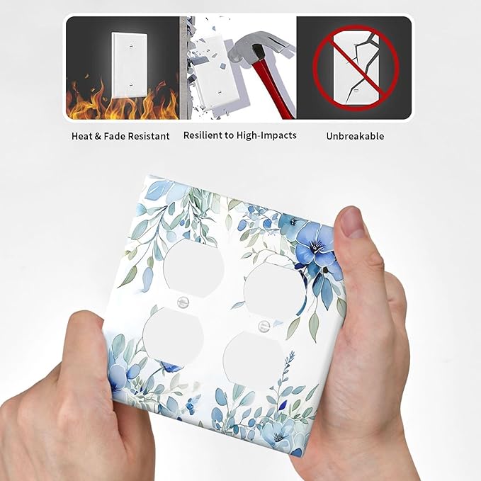 Watercolor Blue Flower Plant Floral Green Leaves Outlet Covers 2 Gang Double Duplex Decorative Light Switch Covers Electrical Wallplates Socket Faceplate for Bedroom Living Room Decor