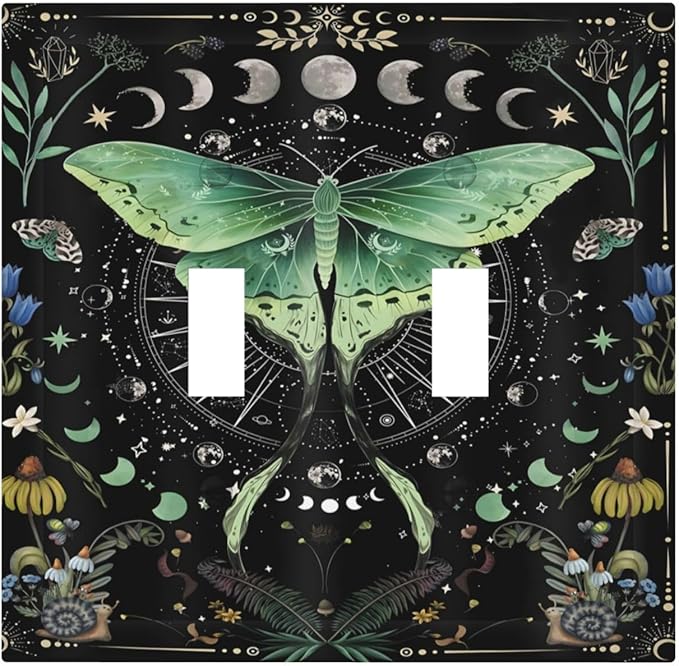 Moon Phase Butterfly Wildflower Plant Mysterious Night Moonlit Decorative Switch Plates 2 Gang Double Toggle Outlet Light Switch Cover Wall Plate Electrical Faceplate for Bedroom Living Room Decor