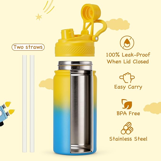 12 oz Kids Water Bottle, 2-in-1 Stainless Steel Vacuum Insulated Water Bottle for Toddler, Spout & Straw, Double Wall Thermal Flask for Boys&Girls, School, Outdoor, Travel (Gradient Yellow & Blue)