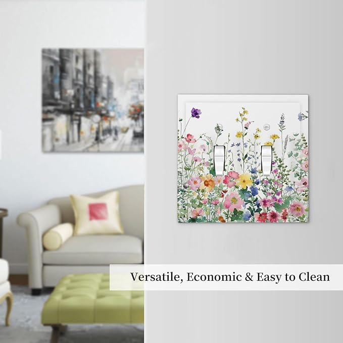 Decorative Switch Plates Boho Colorful Flowers Plant Rustic Wildflower 2 Gang Double Toggle Outlet Light Switch Cover Wall Plate Electrical Faceplate for Bed Room Bathroom Decor