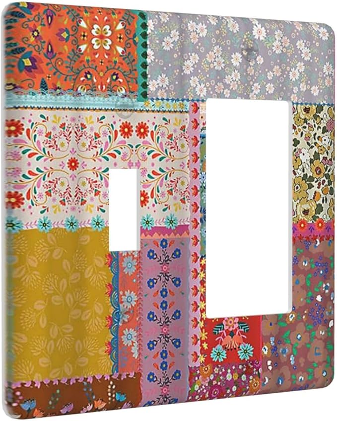 Light Switch Cover Boho Patchwork Bohemian Stitching Colorful Floral 2 Gang Toggle Rocker Combo Wall Plates Decorative Switch Plates and Outlet Covers Receptacle Cover for Bathroom Home Decor