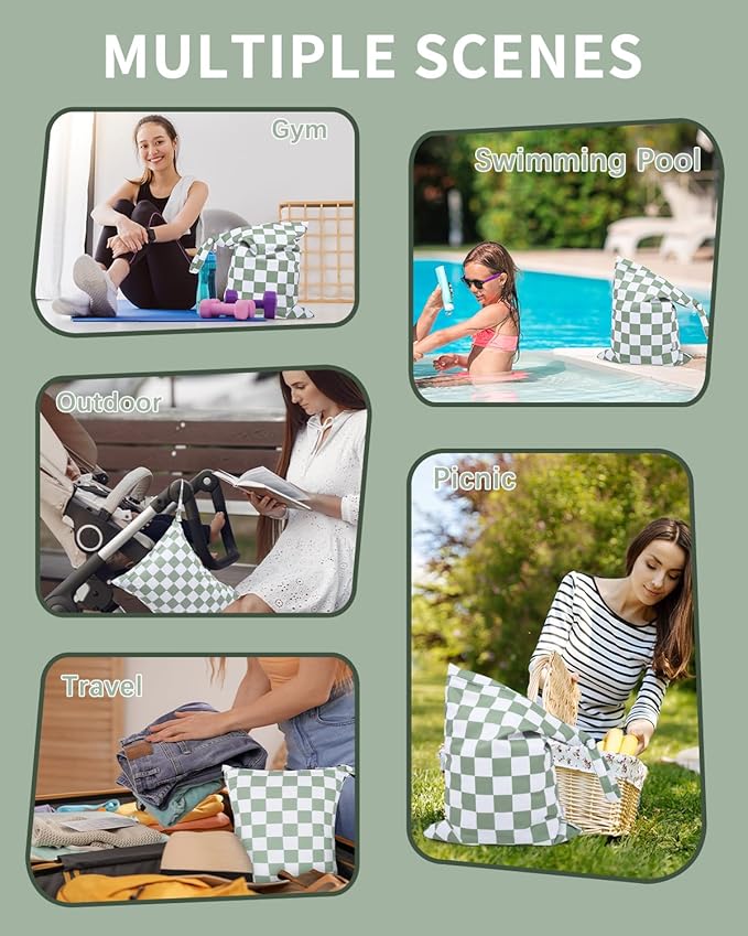babygoal Waterproof Wet Dry Bag for Swimsuits,Travel, Food Storage, Stroller, Daycare, Baby Diapers, Yoga, Beach, Pool, Wet Clothes-Bean Green Lattice