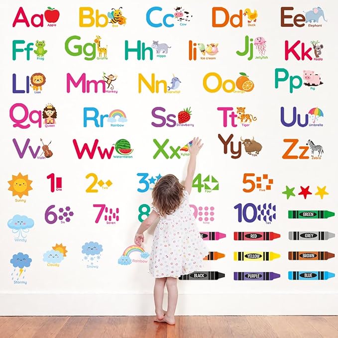 AOWDIAO Learning Wall Decals for Kids - Peel and Stick Alphabet, Numbers, Colors & Animals - Classroom, Nursery and Playroom Educational Decor