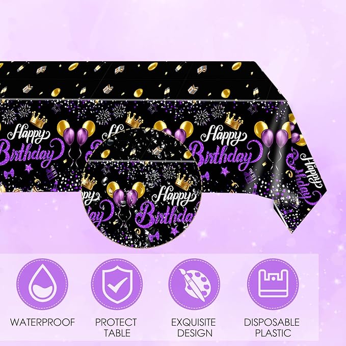 Purple and Black Birthday Decorations,Disposable Party Tableware include Happy Birthday Plates Napkins Tablecloth,for Bday Party Decorations for Women,Girls,Men and Boys,Serves 20