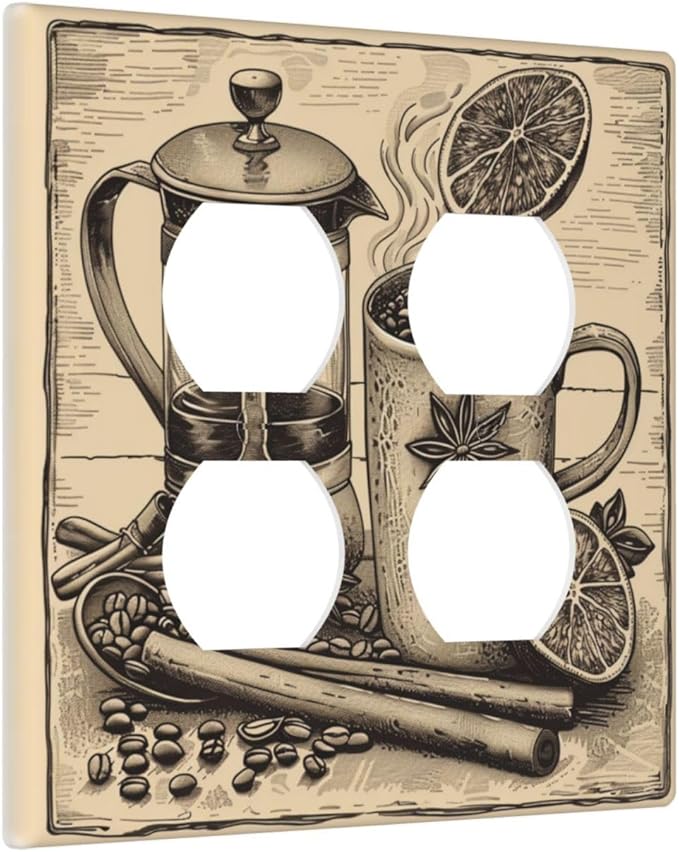 Decorative Outlet Covers Beige Vintage Rustic Coffee Beans Spice 2 Gang Decorative Switch Plate Double Duplex Wall Plates Switch Plates and Outlet Covers for Kitchen Coffee Bar Decor