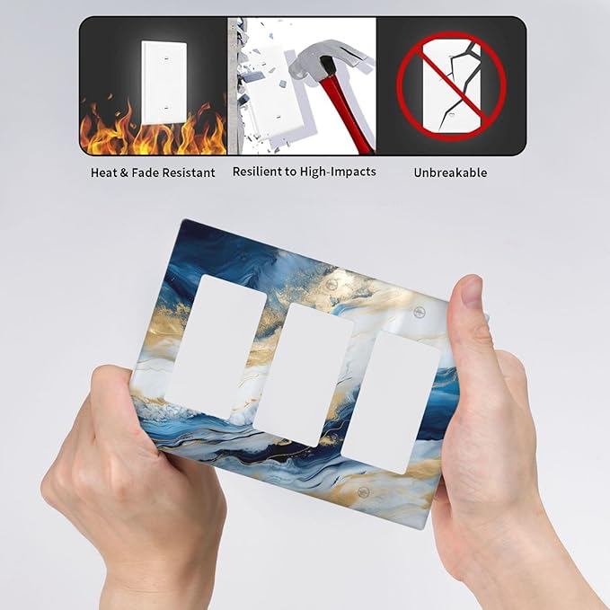 Abstract Blue Granite Luxury Watercolor Marble Texture Print 3 Gang Rocker Light Switch Covers Decorative Unique Triple Outlet Wall Plate Cover Faceplate Decorative Switchplate GFCI for Kitchen