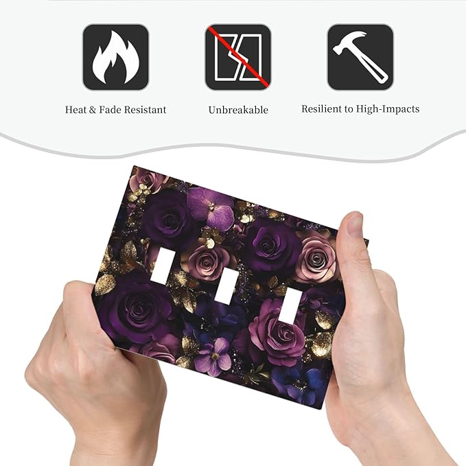 Decorative Switch Plate Cover with Luxurious Purple Roses Gold Accents Leaves Design 3 Gang Artistic Wall Plate Unique Triple Toggle Light Switch Covers for Romantic Bedroom/Living Room Decor