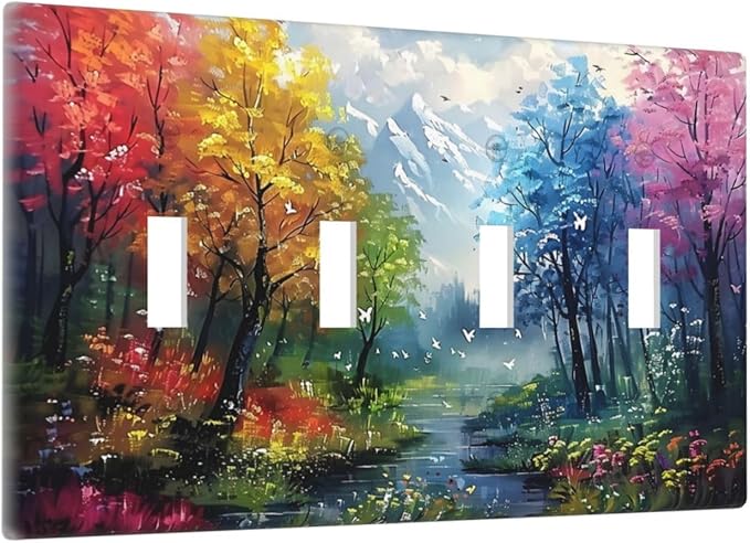 Colorful Forest Snow Mountain River Oil Painting Style Light Switch Covers Quad Toggle Electrical Faceplate 4 Gang Wall Plate Decorative Switch Plates Cover for Bedroom Living Room Decor