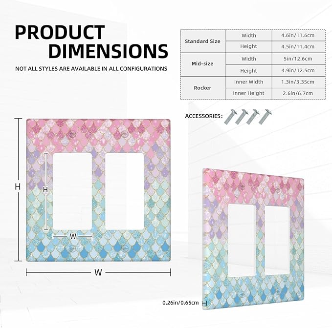Colorful Mermaid Scales 2 Gang Rocker Decora Light Switch Cover Decorative Outlet Covers Wall Plate Electrical Faceplate Switchplate for Bathroom Girls Bedroom Kids Baby Nursery Living Room Decor