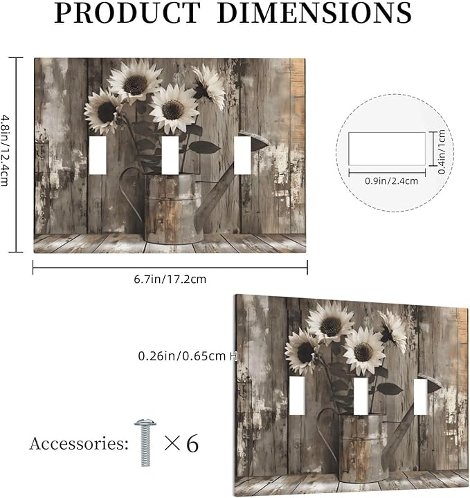 Rustic Floral Country Sunflower Daisy Old Wooden Boards Decorative Switch Plates 3 Gang Wall Plate Triple Toggle Light Switch Cover Faceplate Electrical Wall Panels for Farmhouse Home Decor