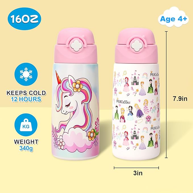Girls Insulated Water Bottle with Covered Pop-Up Straw,16 oz Kids Cups with Stainless Steel Leak Proof for School（2 pack,Unicorn+Princess）