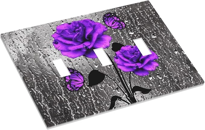 Decorative Rose Art 3 Gang Toggle Light Switch Cover, Purple/Gray Flowers Floral Butterfly Girly Romantic Blossom Triple Toggle Device Switch Face Wall Plate Electrical Decorator Outlet Cover