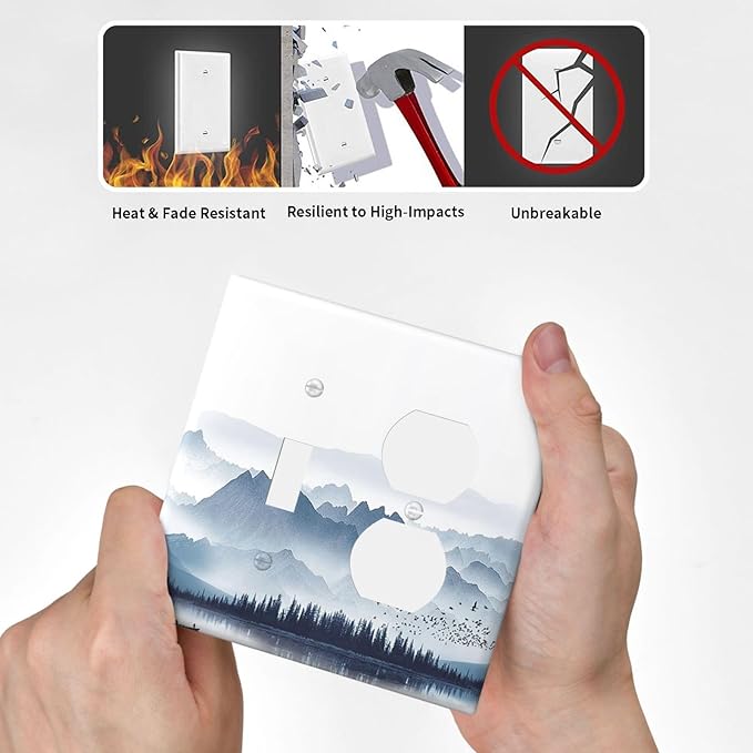 Wallplates Mountain Foggy Lake Boat Grey Blue Forest Birds 1 Toggle 1 Duplex Switch Plate Electrical GFCI Faceplate Decorative Light Switch Covers for Bedroom living Room Decor