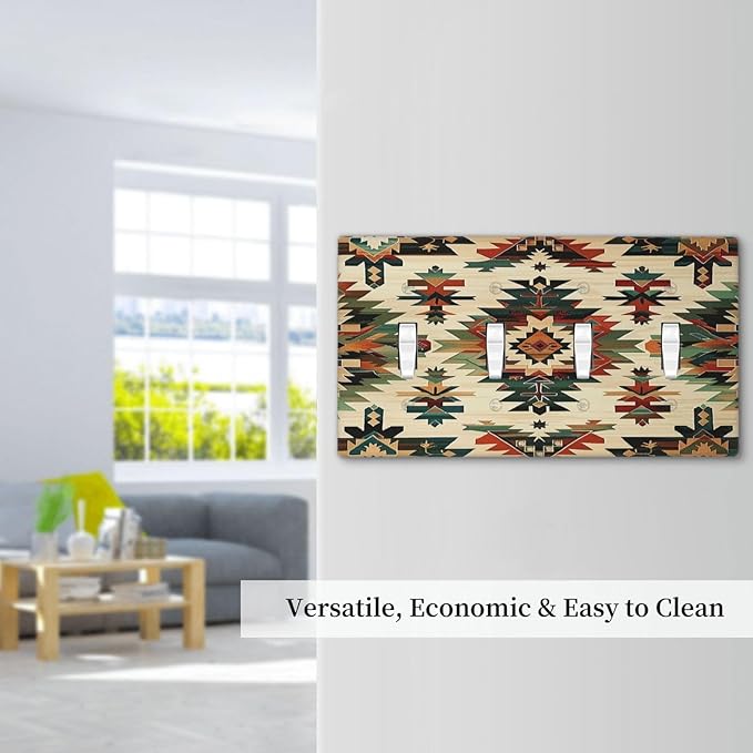 Light Switch Covers Southwest Rustic American Indian Aztec Boho Quad Toggle Electrical Faceplate 4 Gang Wall Plate Decorative Switch Plates for Bed Room living Room Decor