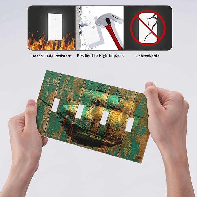 Light Switch Covers Rustic Green Wood Grain Sailboat Quad Toggle 4 Gang Wall Plate Electrical Faceplate Decorative Switch Plates for Farmhouse Bedroom Decor