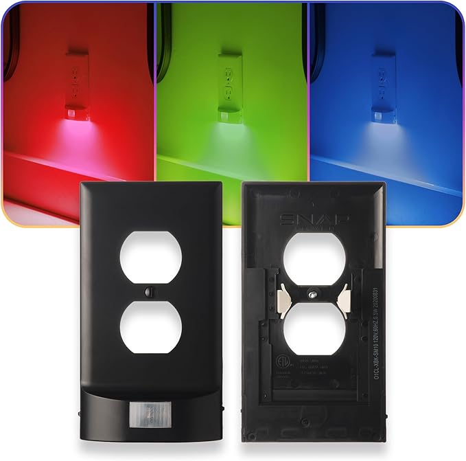 1 Pack - SnapPower Multi-Color GuideLight – Outlet Cover RGB Lights, Customizable Ambient Lighting/Mood Lighting for Home, Kitchen, Gaming Room, Kids Bedroom, Nursery, Holiday Decor (Black, Duplex)