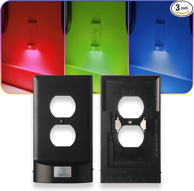 3 Pack - SnapPower Multi-Color GuideLight – Outlet Cover RGB Lights, Customizable Ambient Lighting/Mood Lighting for Home, Kitchen, Gaming Room, Kids Bedroom, Nursery, Holiday Decor (Black, Duplex)