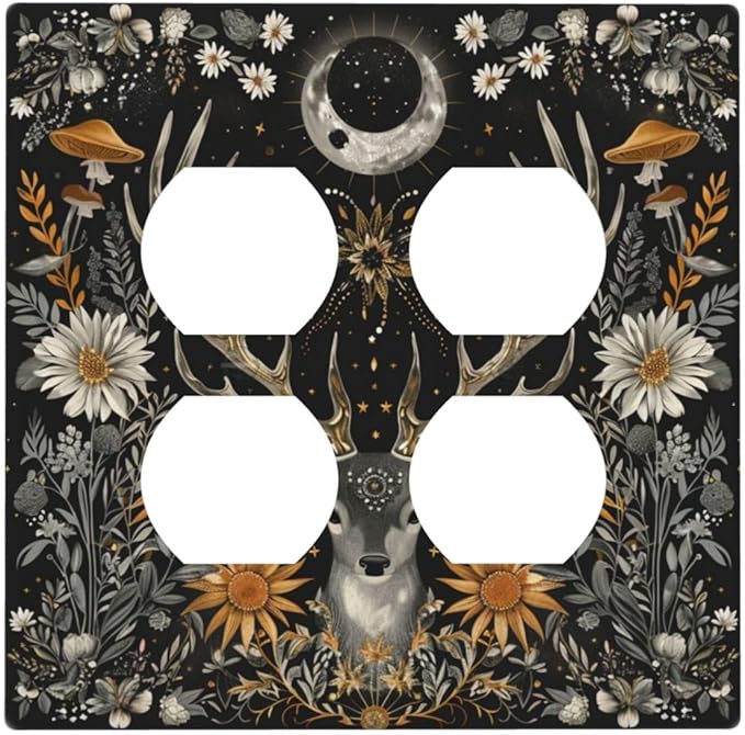 Decorative Outlet Covers Vintage Deer Flowers Moon Natural Plants Floral 2 Gang Decorative Switch Plate Double Duplex Wall Plates Switch Plates and Outlet Covers for Bathroom Bedroom Decor