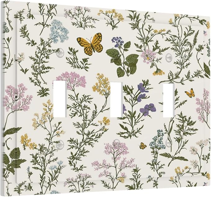 Decorative Switch Plates Vintage Colorful Flowers Butterfly Floral 3 Gang Wall Plate Triple Toggle Light Switch Cover Faceplate Electrical Wall Panels For Bed Room Living Room Decor